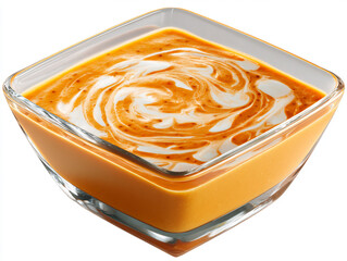 Rich, creamy soup swirls in a modern glass bowl, a comforting and delicious dish.