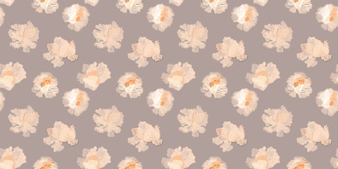 A sweet illustration of light white airy flowers. Horizontal floral botanical wallpaper. Seamless gray spring pattern. Pink carnation print.