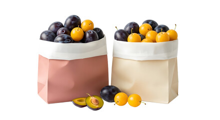 Fresh plums and yellow cherry tomatoes in reusable paper storage bags, healthy natural produce with rustic presentation, perfect for kitchen decor
