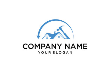 Home Construction and Repair Services Logo with House, Hammer, and Arrow Icon in Blue