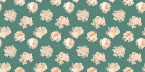 Floral spring horizontal emerald green background. Botanical wallpaper. White flowers print. Carnations and peonies seamless pattern.