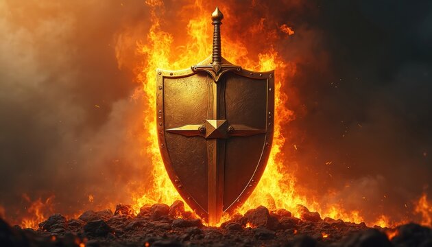 Golden shield sword amidst fiery flames on dark background. Weaponry shines with fire sparks in war battle. Image is perfect for fantasy games and related media projects.