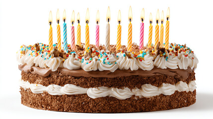 A chocolate cake with white frosting and sprinkles topped with lit candles on white