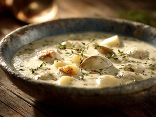Hearty and creamy seafood chowder with potatoes and herbs in a rustic bowl, perfect for a comforting meal.