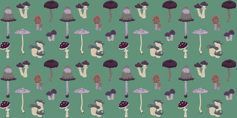 Purple mushrooms on a green horizontal background. Lilac fungus seamless pattern. Flat retro forest nature illustration print. Childrens autumn wallpaper and textile fabric.