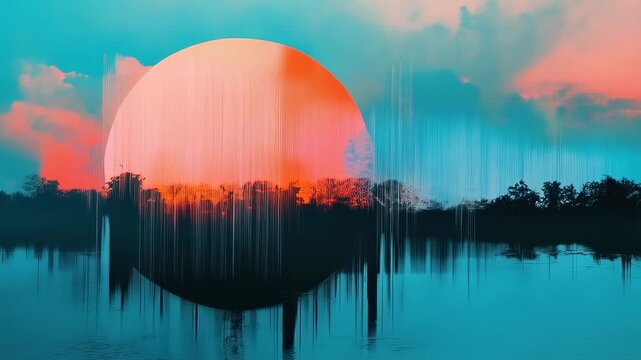 Abstract sunset over water with pixel sorted effect. Digital glitch art of landscape. Modern nature visualization concept.
