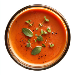 Warming bowl of rich tomato soup garnished with fresh herbs, a comforting classic.