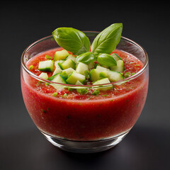 Refreshing gazpacho soup garnished with fresh cucumber and basil on a dark background
