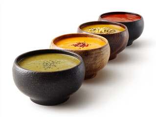 Four colorful bowls of hearty soup arranged in a row, showcasing variety and warmth.