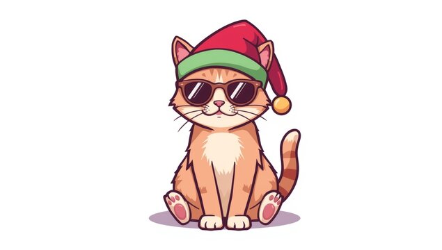 Cute cartoon cat wearing sunglasses and a Christmas hat, sitting and smiling