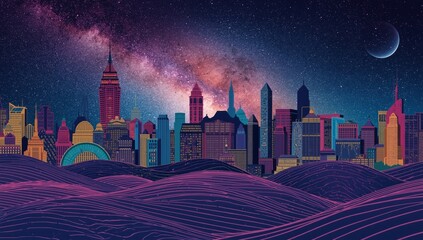 Colorful cityscape illustration with a starry night sky and crescent moon