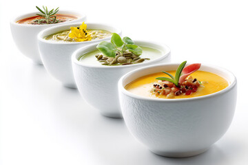 A vibrant selection of gourmet soups artfully presented in white bowls, showcasing fresh ingredients and culinary artistry.