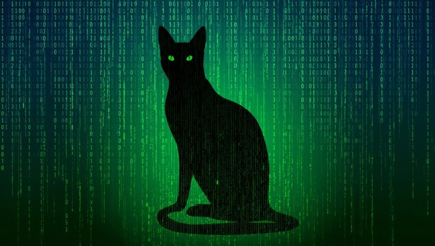 Black cat silhouette with glowing eyes against a binary code background