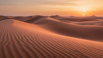 Desert landscape at sunset with sand dunes and golden sunlight