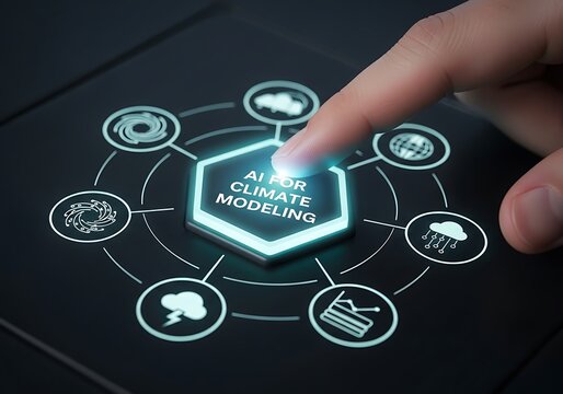 Finger pressing a button labeled ai for climate modeling, showcasing the use of artificial intelligence in predicting and understanding climate change and weather patterns - Powered by Adobe