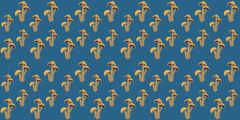 Fototapeta premium Horizontal blue mushroom wallpaper. A seamless forest nature pattern in a children's cartoon style. Simple autumn flat retro symbols for baby fabric and textiles. Cute yellow vegetable print.