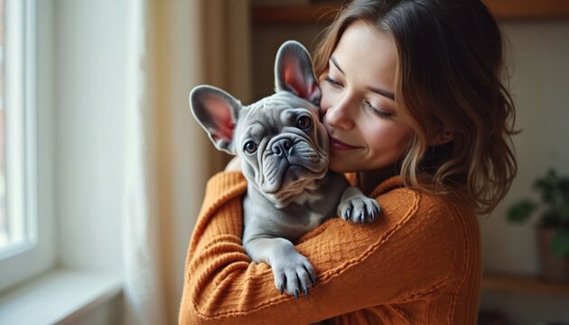 Young woman hugs cute French bulldog puppy indoors. She smiles gently, holding her pet close. Cozy home scene shows tender affection and companionship between owner and dog.