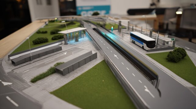 Modern transit oriented development model with bus lane, platform, shelter, landscaped green area and pedestrian walkway showing urban planning concept and miniature station design