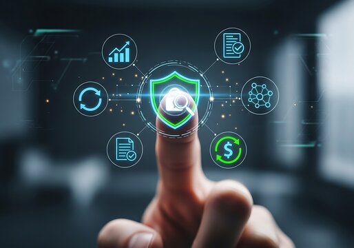 A person touching a digital shield with icons representing cybersecurity, data protection, and privacy for secure online transactions and confidential information management