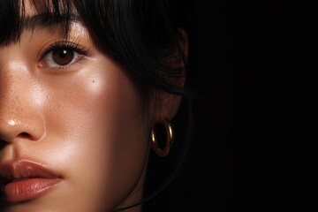 A close-up portrait of a woman, her face illuminated by soft light from above, with delicate texture and clear skin details, while emphasizing her unique facial features.