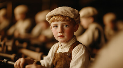 Young boy with freckles and a cap stands out amidst a group of children. His focused gaze suggests determination, capturing the essence of childhood in a period setting.