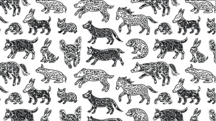 Naklejka premium Black and White Animal Pattern with Horses, Hares, Dogs, Cats, and Other Beasts