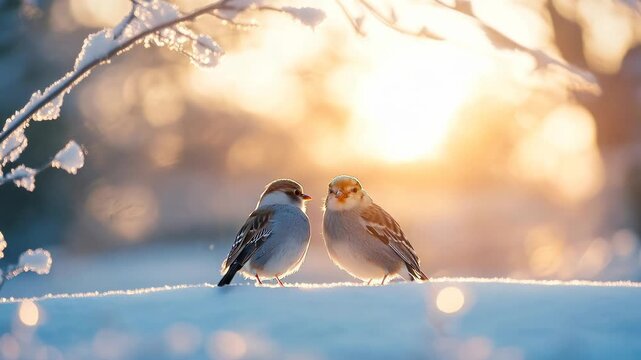 Two birds perched on snow-covered branches at sunrise, captured in a soft-focus, low-angle style, evoking a serene, natural video scene.