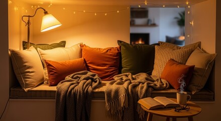 Cozy reading nook interior with cushions, blankets, and warm lighting
