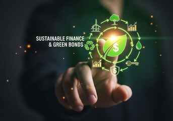 A person touching a digital interface displaying icons related to sustainable finance and green bonds, emphasizing environmentally responsible investment and financial strategies
