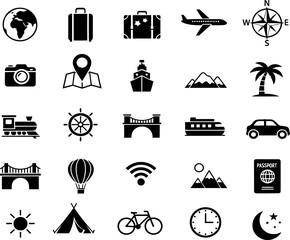 Travel icons in simple black silhouette style scattered on a white background represent modes of transportation and destinations making this suitable for travel-related marketing.