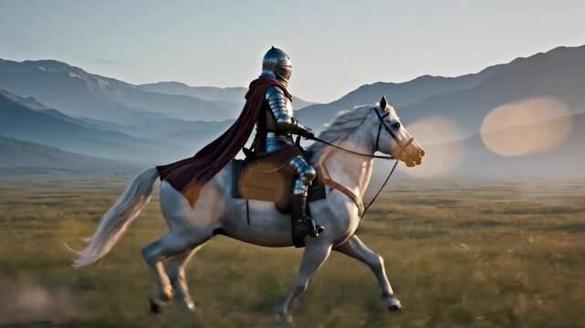 Knights Valiant Steed Galloping Hero in Golden Fields at Sunrise.