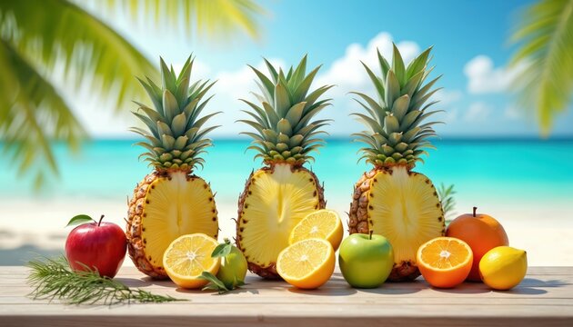 Pineapple halves and assorted fresh fruits rest on a wood table. Palm leaves and blue ocean form a vibrant tropical beach backdrop. Perfect for summer themes and healthy eating.
