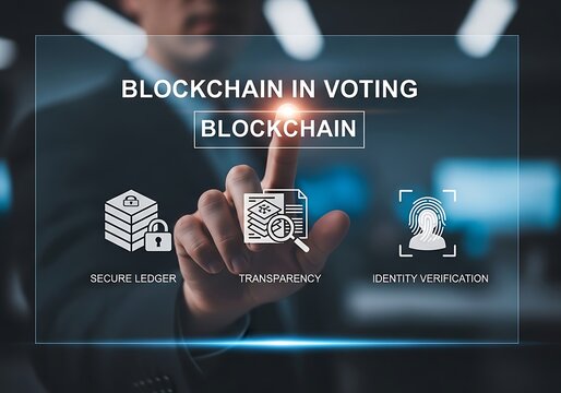A business person is shown pointing to a digital display with the words blockchain in voting and icons representing data security, transparency, and user identification