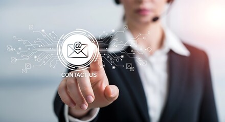 Woman interacting with digital contact us interface and headset technology