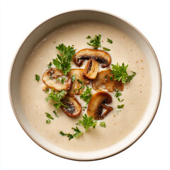 Creamy mushroom soup garnished with fresh parsley and sautéed mushrooms, a comforting and flavorful dish.
