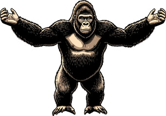 A strong black gorilla with arms outstretched stands powerfully on a white background, inviting connection or showcasing something, ideal for educational or conservation themed designs.