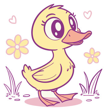 Sweet baby cartoon duckling purple eyes yellow feathers walking on pink ground.Isolated transparent background ( include cut-out PNG file ).