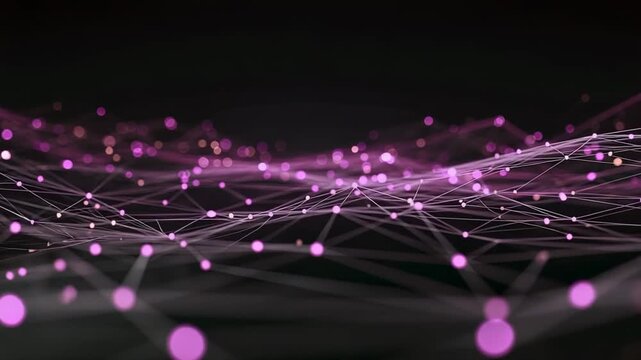 A dynamic abstract network with glowing pink and purple spheres connected by thin lines on a dark field