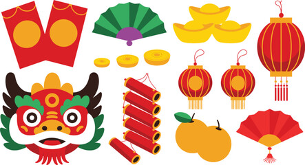 Fototapeta premium Chinese New Year Celebration Clipart Red Envelopes, Golden Ingots, Lanterns, Firecrackers, Dragon Head, and Peach Duo