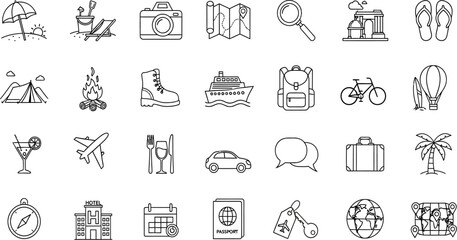 Monochrome line art icons depict travel-related activities and items for vacation planning and holidays, presented in a minimalist style for use in tourism and recreational themed designs.