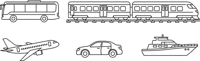 A set of outlined transportation icons including a bus, train, plane, car and yacht are set against a white background, suitable for travel or transportation material.