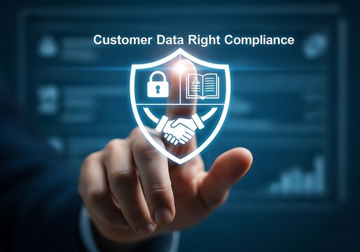 Hand interacting with a digital interface displaying customer data right compliance, highlighting data protection, privacy regulations, and ethical data handling practices