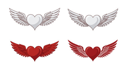 Fototapeta premium Set of four distinct winged heart illustrations, featuring two white and two red hearts with varying feather and wing details.