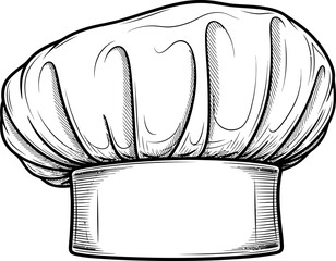 Detailed chef hat sketch is presented in a black and white, creating a professional and artistic feel suitable for culinary designs or restaurant-themed illustrations.