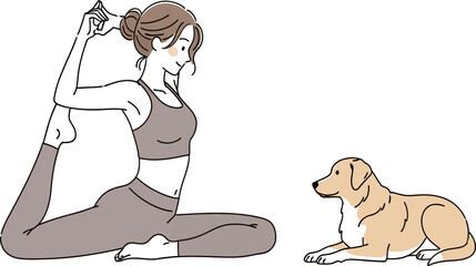 Sporty woman is practicing yoga in athletic clothes with her golden dog looking at her, creating a calm, healthy and zen atmosphere perfect for wellness and lifestyle marketing materials.