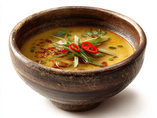 Savory and spicy soup garnished with fresh herbs and chili in a rustic bowl, ready to be enjoyed.