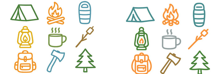 Collection of camping icons featuring tents, campfires, bags, and outdoor gear in colorful designs