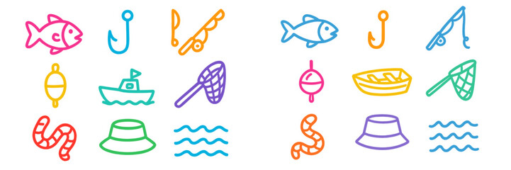 Colorful fishing icons including fish, hooks, nets, and boats displayed in a playful design suitable for various creative projects