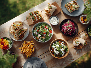 Overhead shot of a wooden table laden with delicious wraps, vibrant salads, and sides. Captures healthy eating, gathering, and fresh, colorful food concept.