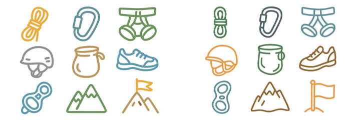 Climbing gear and mountain imagery illustrating outdoor adventure equipment for climbing activities, focusing on safety and exploration essentials